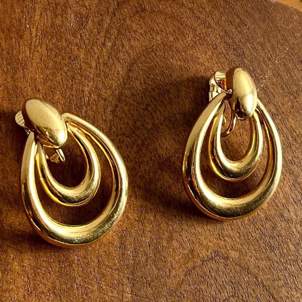 Vintage Goldtone Clip Earrings Double Teardrop Approximately 1 inch x 1.5 Inches